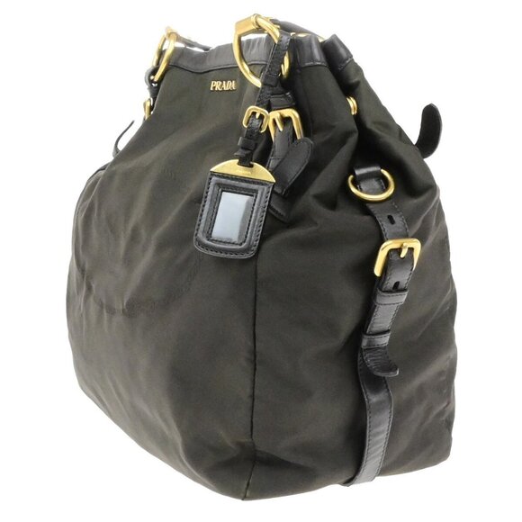 PRADA Logo Tessuto Shoulder Hand Bag Nylon Leather Brown Khaki GHW 81EE120 - Picture 8 of 16